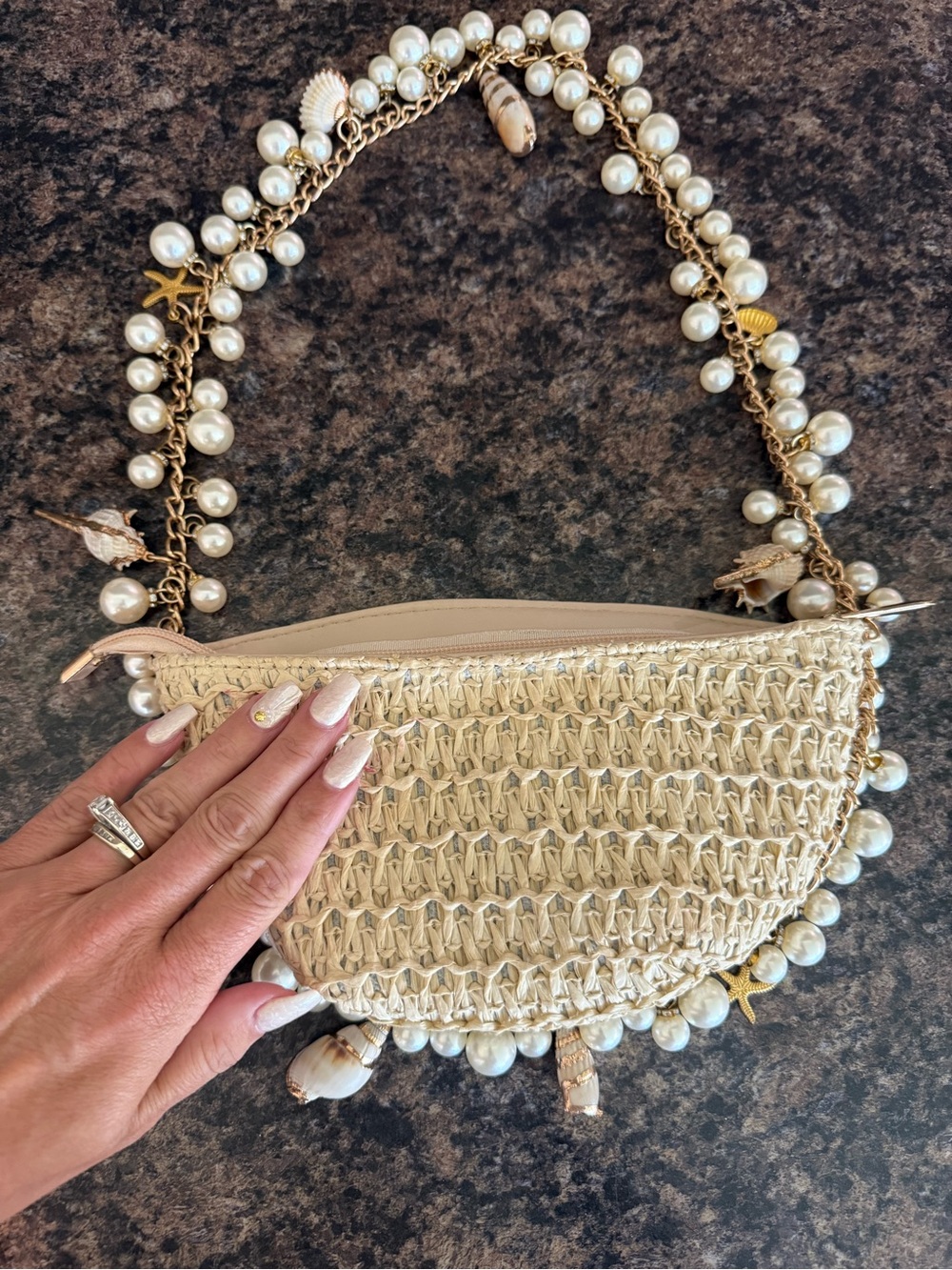 Beaded Pearl-Accent Straw Shoulder Bag in Cream